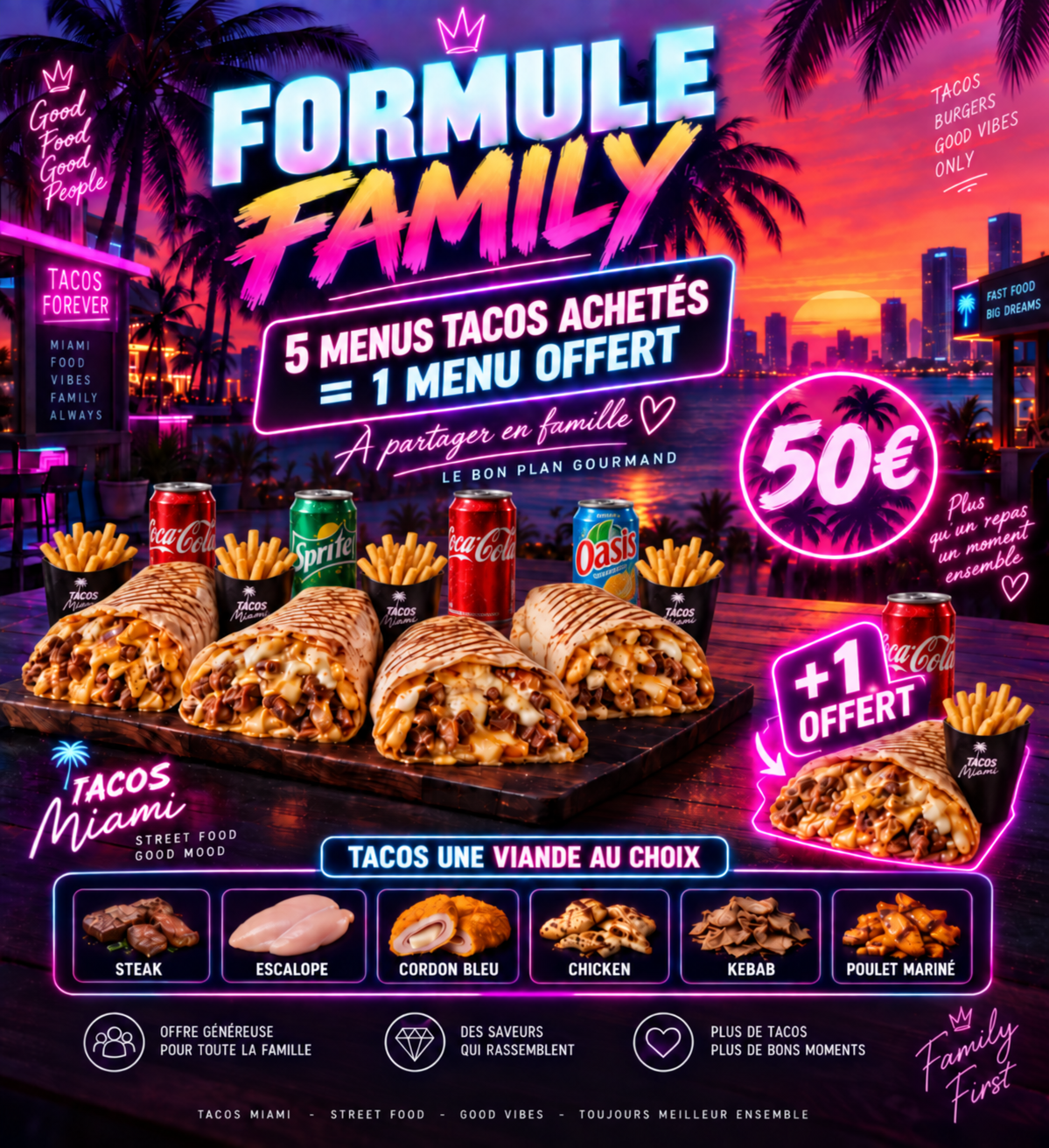 Formule Family avec cinq menus tacos et un menu offert