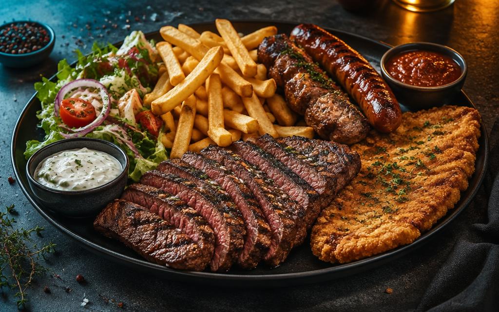 Assiette généreuse : steaks, escalope panée, merguez, frites et salade