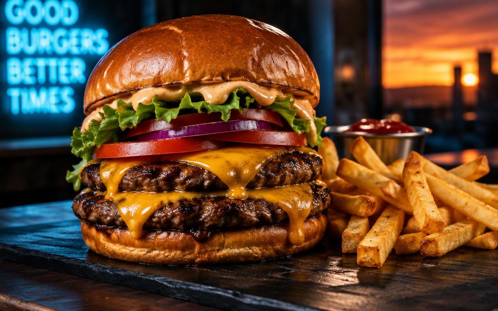 Double cheeseburger avec frites et sauce