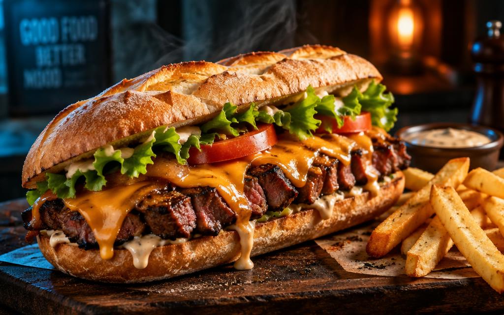 Sandwich gourmand au steak, cheddar fondu et frites