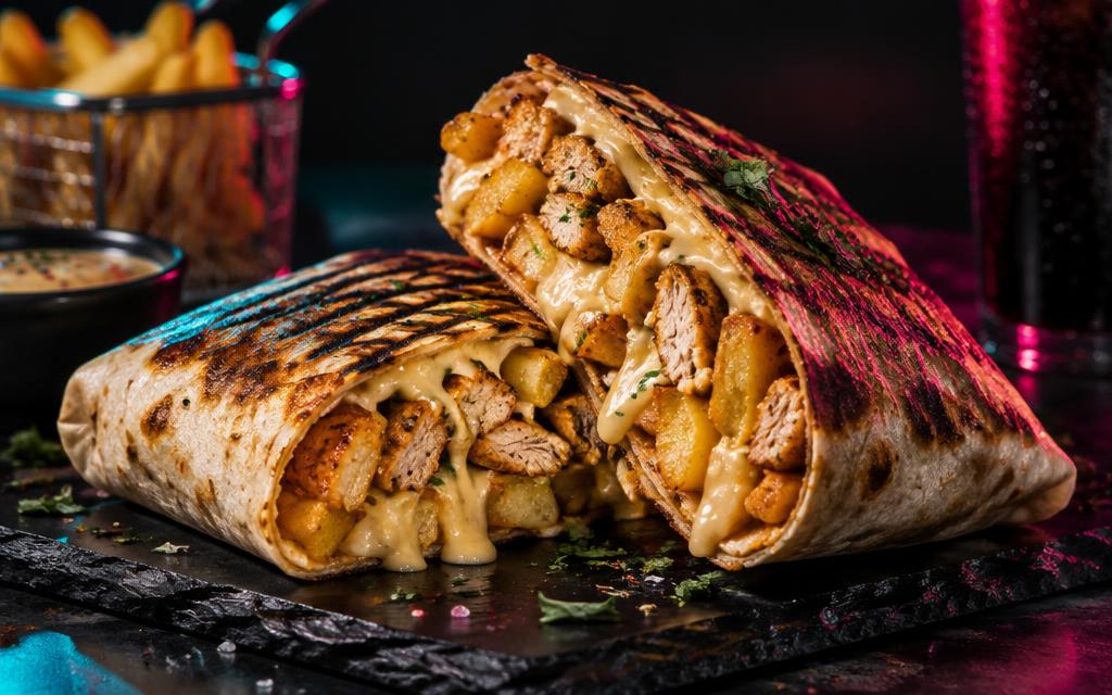 Tacos français grillé coupé, garniture fromagère généreuse