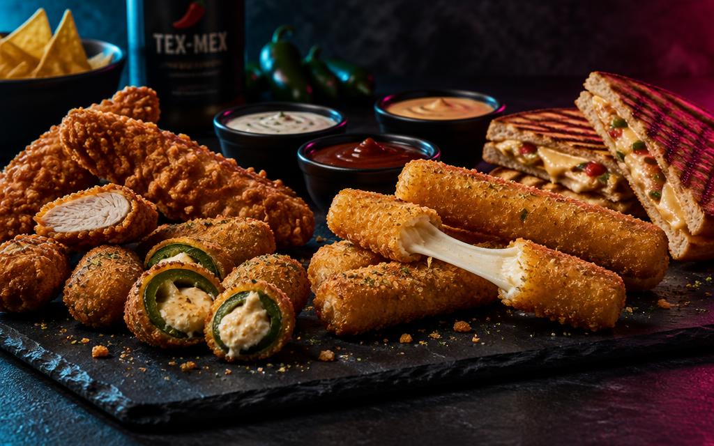 Mozza sticks, tenders, jalapeños et panini avec sauces